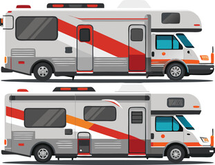 Two Modern Class A RVs with Red and White Stripes
