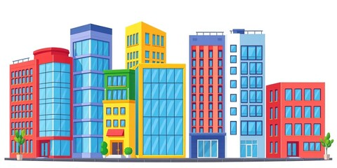 Fototapeta premium Four cartoon office buildings, various styles and colors, isolated on white, multiple, building