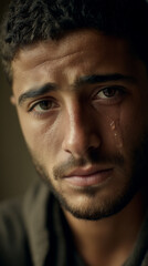 Obraz premium a close-up portrait of a 20-year-old Middle Eastern man with expressive, sorrowful eyes, short hair, light beard, looking directly at the camera, subtle tear in the eye