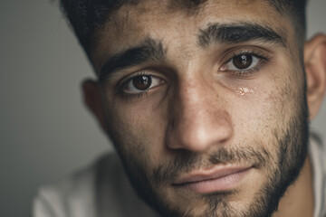 Obraz premium a close-up portrait of a 20-year-old Middle Eastern man with expressive, sorrowful eyes, short hair, light beard, looking directly at the camera, subtle tear in the eye