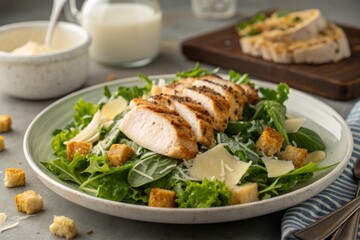 Fresh chicken caesar salad featuring crisp lettuce, parmesan cheese, and golden croutons on a plate, a delicious and healthy meal.