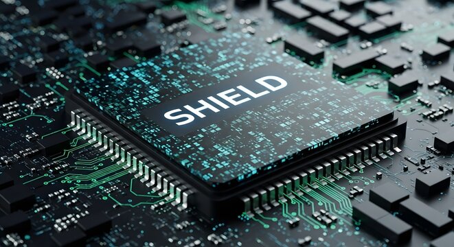 Close-up of a computer chip with the word "SHIELD" illuminated on its surface.