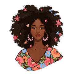 Floral Afro Woman Illustration Transparent Background Cartoon Style