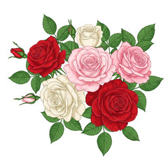 Floral Illustration Featuring Red Pink White Roses Bouquet Isolated