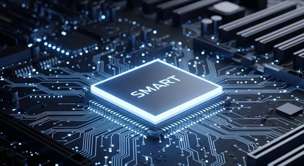 Close-up view of a glowing computer processor with the word "SMART" illuminated.
