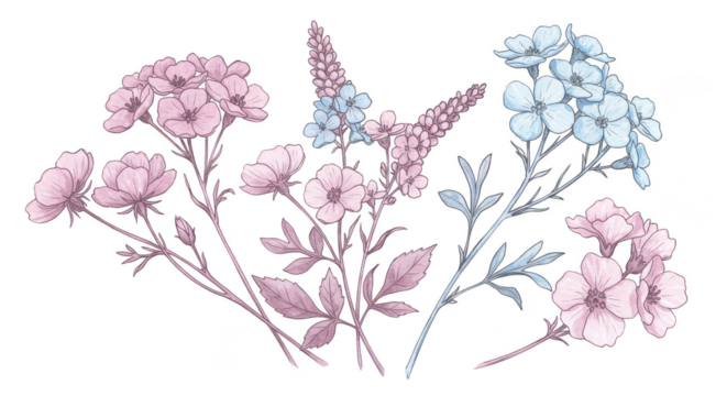 Floral Illustration Transparent Pink Blue Flowers Background Isolated