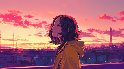 夕焼けの街並みを眺める女性