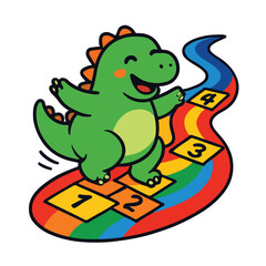 Obraz premium Playful Dinosaur on Hopscotch Game – Fun Kids Cartoon