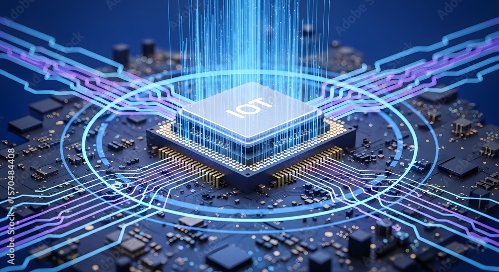 Poster a computer chip with the acronym iot, surrounded by circuit board and glowing lines, highlighting th