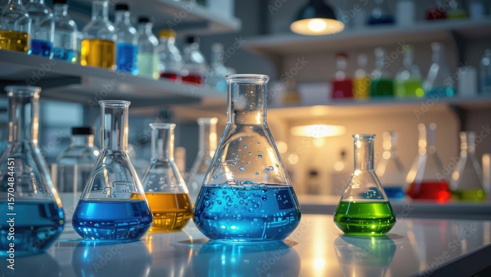 Poster scientific laboratory with various colored liquids in erlenmeyer flasks illuminated by overhead ligh