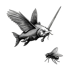 Fish Illustration Flying with Wings Black and White Isolated Animal