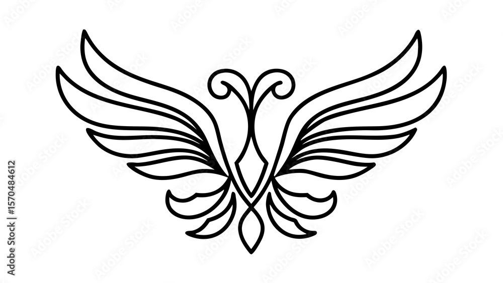 Poster outline drawing of symmetrical winged design with central diamond shape and curled upper elements cr
