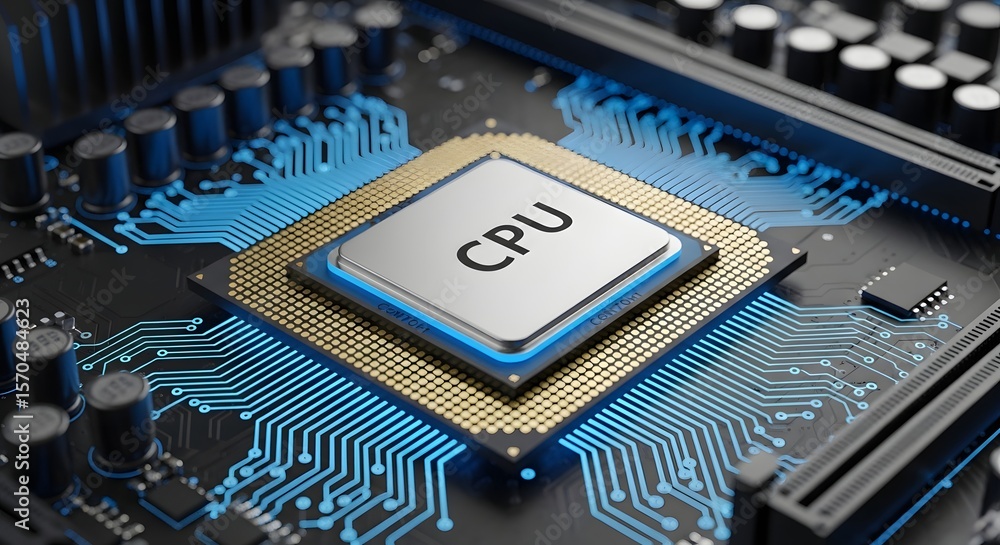 Poster close-up view of a central processing unit (cpu) integrated into a computer motherboard, showcasing 