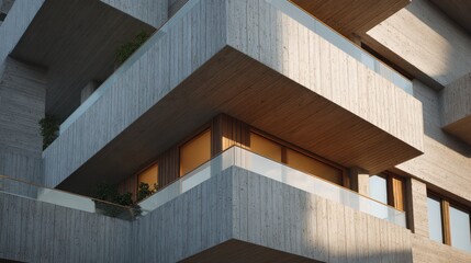 Duplex with vertical ribbed concrete bronze-tinted glass balconies late afternoon sun casting sharp diagonal shadows across fa??A section ade accurate