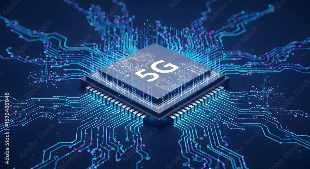 Poster close-up of a 5g processor chip with intricate circuit board connections, glowing.