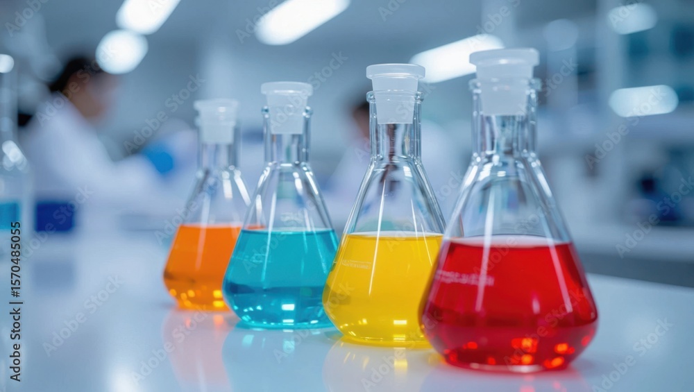 Poster four erlenmeyer flasks filled with vibrant colorful liquids sit in a row on a laboratory bench
