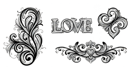 Floral Ornaments with Love Lettering Isolated on Transparent Background