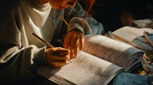 Focused Study Session: The soft glow of sunlight illuminates a studious person as they intently write in a well-worn notebook, with books sprawled nearby.
