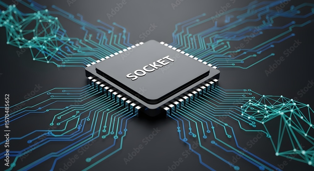 Poster a central processing unit (cpu) socket is depicted with circuit board traces emanating outward.