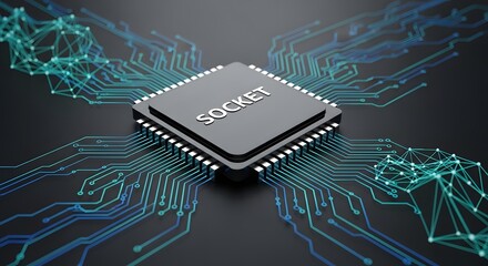 A central processing unit (CPU) socket is depicted with circuit board traces emanating outward.