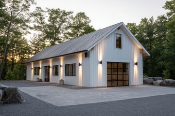 Flat-gable barn with minimal vented soffits golden side lighting catching soft gravel textures vertical timber rhythm light bloom