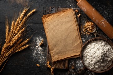 Old Cake Recipe. Top View Baking Lesson with Wheat Grain and Flour on Dark Wooden Background