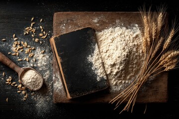 Old Cake Recipe. Top View of Baking Lesson with Wheat Grain and Flour on Wooden Board