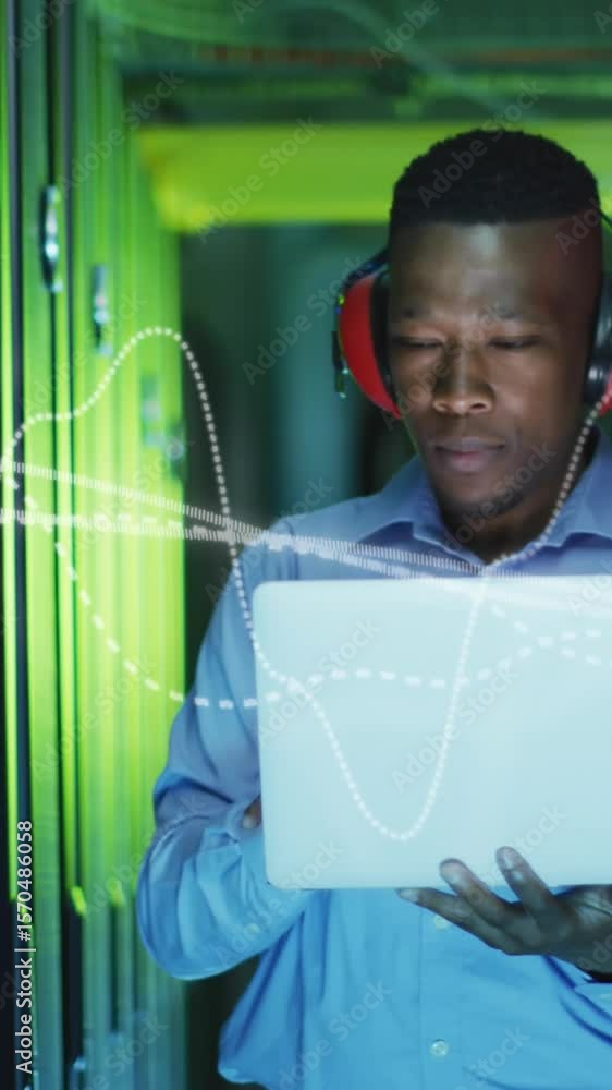 Poster animation of data processing over african american male it engineer and computer servers