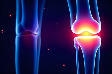 Knee Joint Pain Illustration: Anatomy, Arthritis, Inflammation, and Medical Condition Visualization in Blue and Red Tones