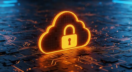 Cloud Security: Secure Cloud Computing Services & Data Protection Concept. Glowing Padlock on Cloud Icon over Circuit Board Background.