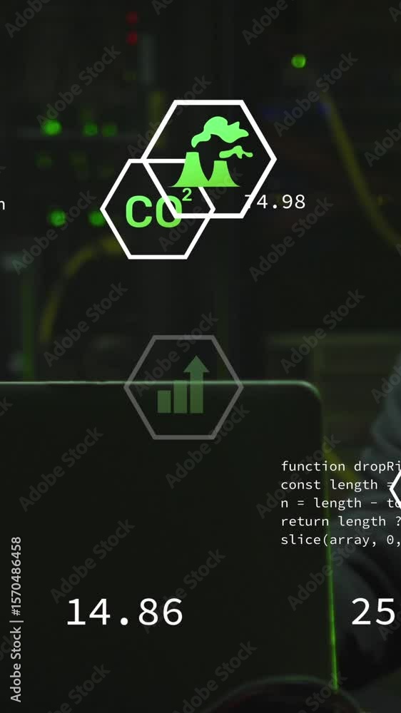 Poster animation of data processing over african american male hacker with computer and computer servers