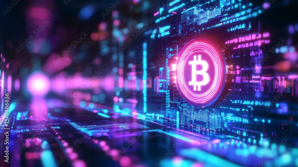Poster Glowing Bitcoin symbol on futuristic digital interface.