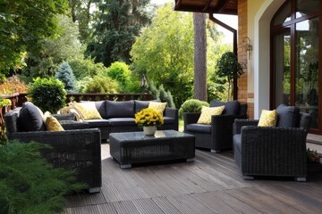 Patio Furniture Set. Elegant Rattan Garden Furniture Set on Large Terrace Overlooking Beautiful Garden