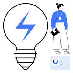 Large light bulb with lightning bolt, standing woman holding clipboard, and data chart. Ideal for creativity, leadership, problem-solving, analytics, innovation energy productivity. Simple flat