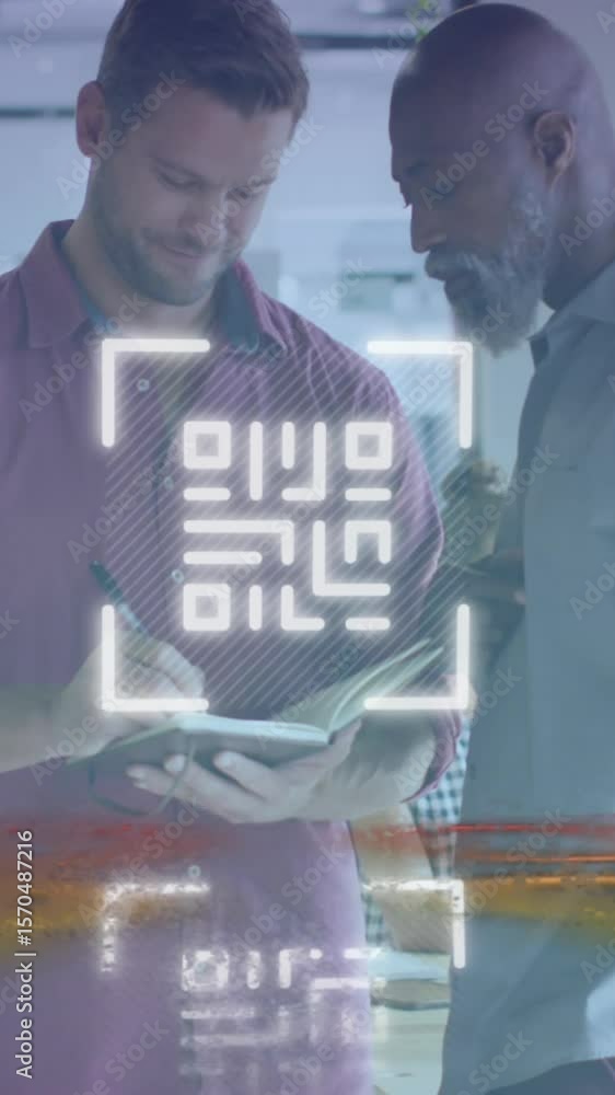 Poster animation of qr code and data processing over diverse business people working in office