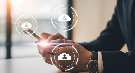 Close-up of a person using a smartphone with cloud-based data icons overlayed.