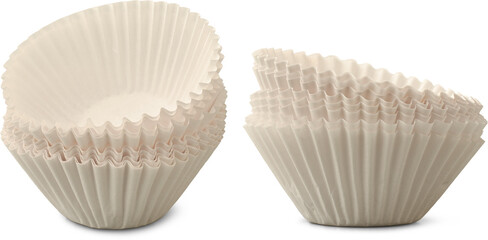 stack of fluted paper cupcake liners or muffin cups isolated white background, disposable and lightweight liners with pleated edges used for baking cakes