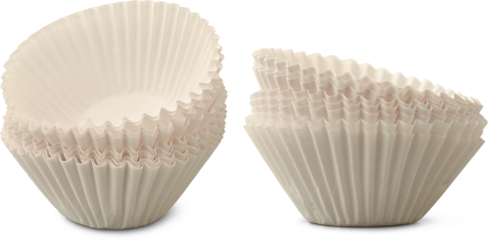 stack of fluted paper cupcake liners or muffin cups isolated white background, disposable and lightweight liners with pleated edges used for baking cakes