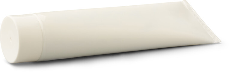 closed long toothpaste tube with cap isolated white background, mock-up template of glue, cream, gel or shampoo, blank package or medicine or cosmetics concept