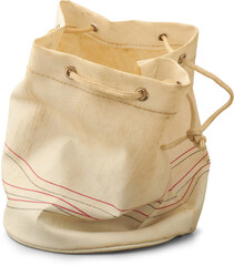 close-up of beige canvas drawstring pouch isolated white background, used open bag use for storage with faded red and gray lines, mock-up template