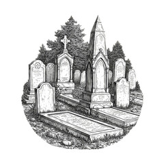 Graveyard Cemetery Tombstone Grave Black and White Illustration