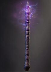Mystical purple staff glowing with cosmic energy radiating from its ornate carved surface design