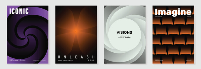 Modern gradient poster on dark background vector set. Cover template with vibrant perspective geometric shapes different. Modern Design for wall art, flyers, brochures, covers and web banners.