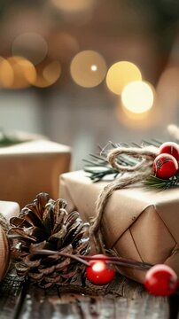 Wrapped gifts adorned with twine and berries, accompanied by pinecones, create a warm and inviting atmosphere on a rustic wooden surface.