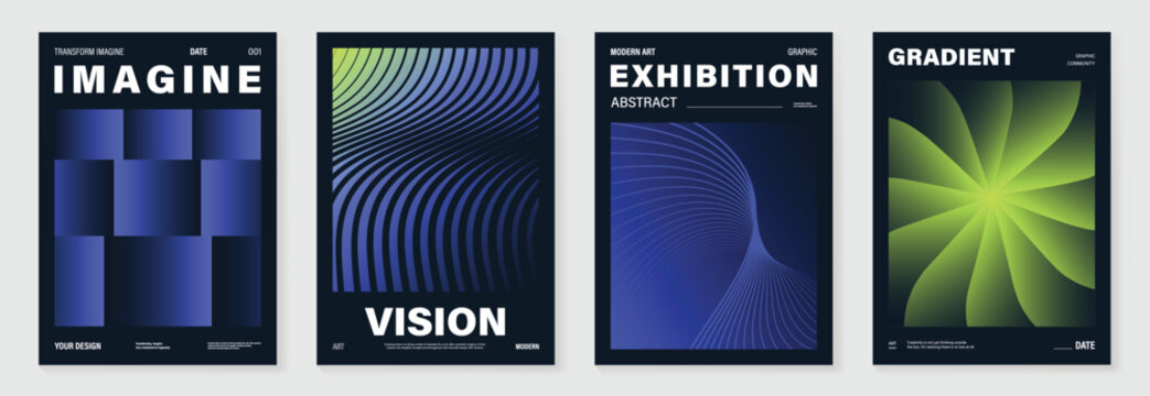 Modern gradient poster on dark background vector set. Cover template with vibrant perspective geometric shapes different. Modern Design for wall art, flyers, brochures, covers and web banners.