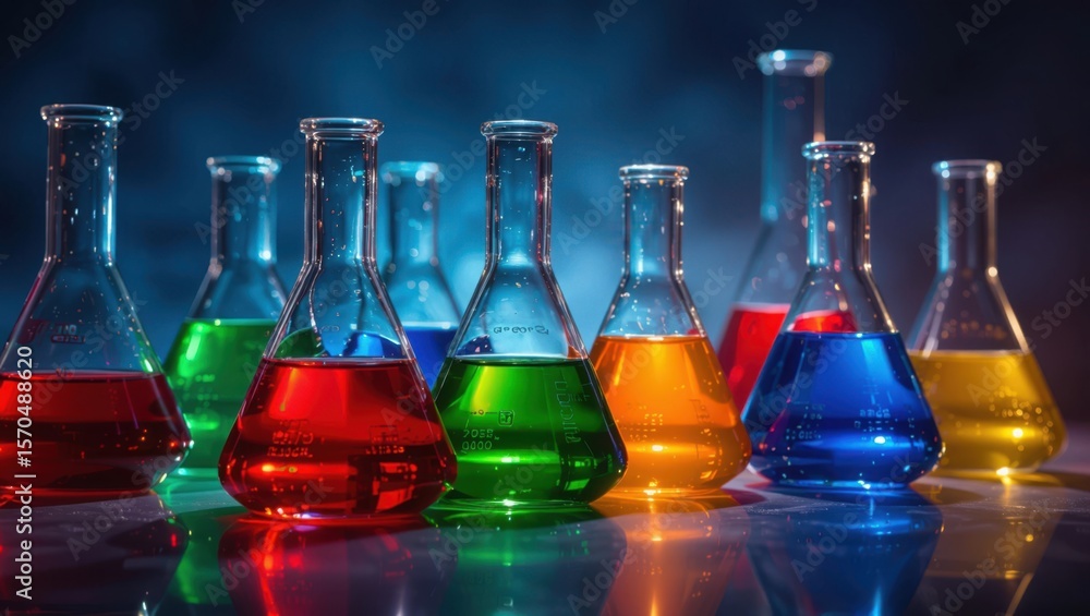 Aufkleber vibrant colorful liquids fill laboratory flasks creating a visually striking science experiment comp