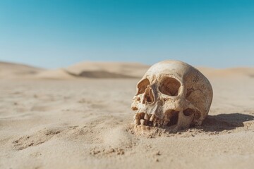 Obraz premium Skull In The Desert. Apocalyptic Scenic Landscape with Human Skull Under Blue Summer Sky
