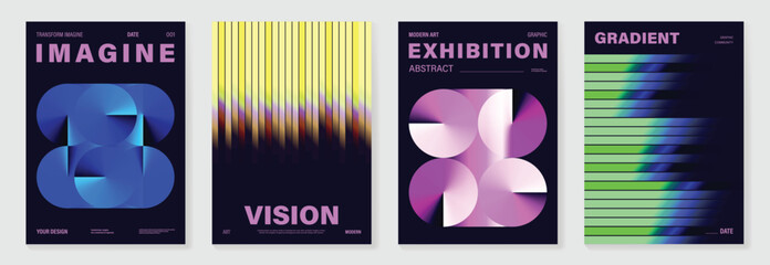Modern gradient poster on dark background vector set. Cover template with vibrant perspective geometric shapes different. Modern Design for wall art, flyers, brochures, covers and web banners.