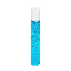 A clear glass test tube holds a bright blue solution with many small bubbles, symbolizing chemistry, research, or medical advancements.