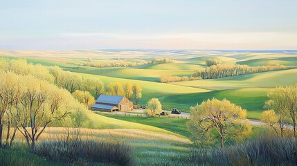 Fototapeta premium Idyllic Farmland Scene: Rolling Hills and Rustic Barn at Golden Hour